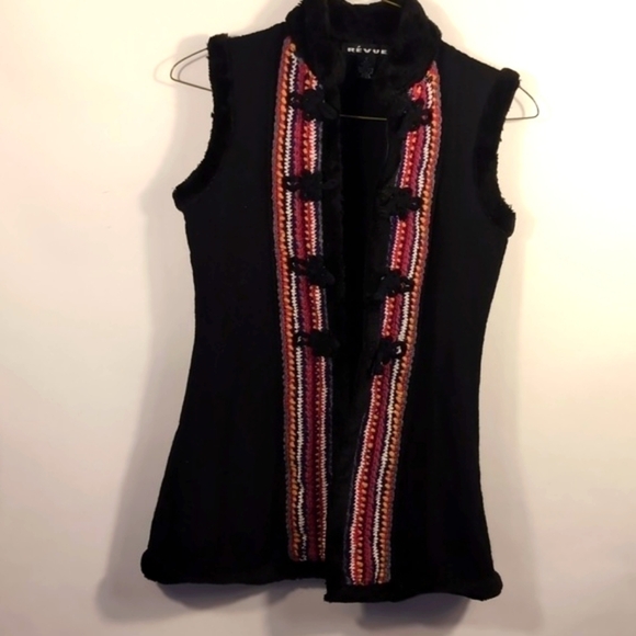 Revu Womens Boho Long Black 100% Wool Crochet Trim Vest Size Small - Picture 1 of 10